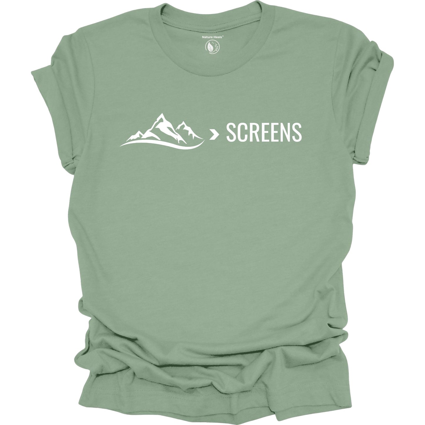 Sage green t-shirt with mountain graphic and 'SCREENS' text on a white background
