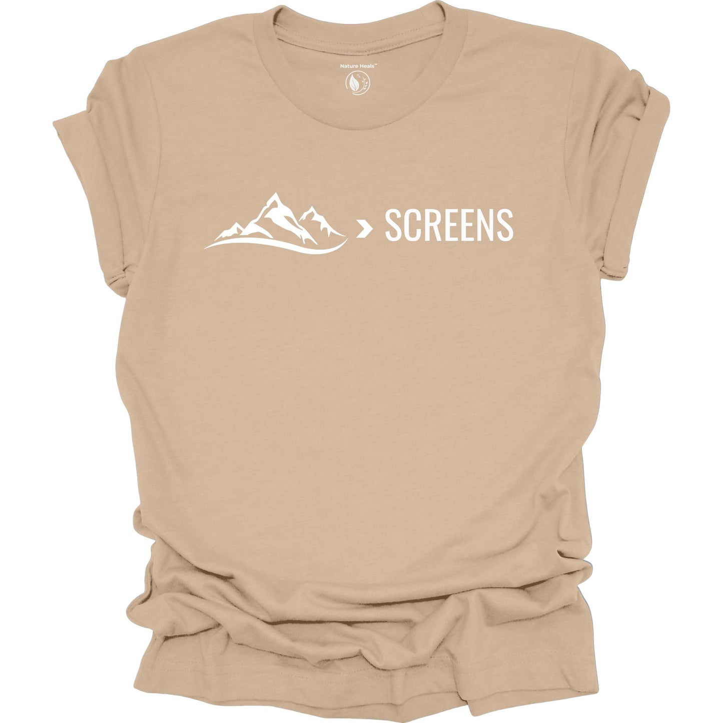 Tan t-shirt with mountain graphic and 'SCREENS' text on a white background
