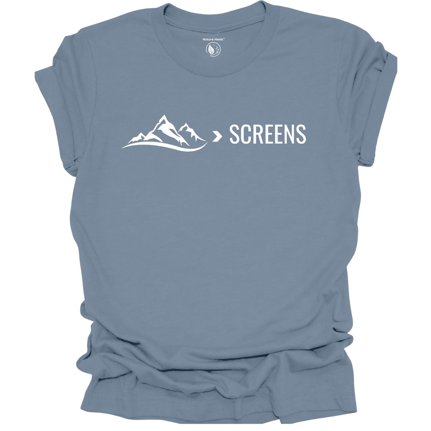 Blue t-shirt with mountain graphic and 'SCREENS' text on a white background