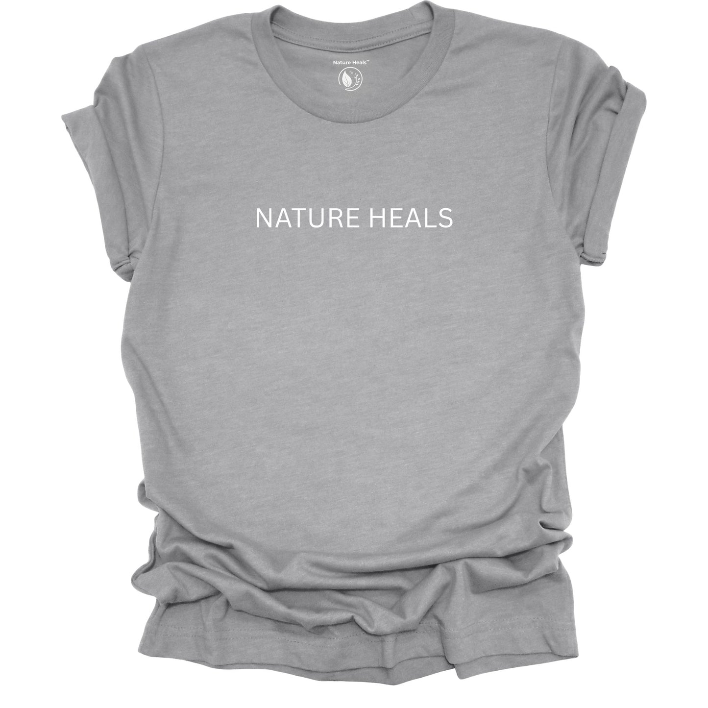 Gray t-shirt with 'NATURE HEALS' text on a white background