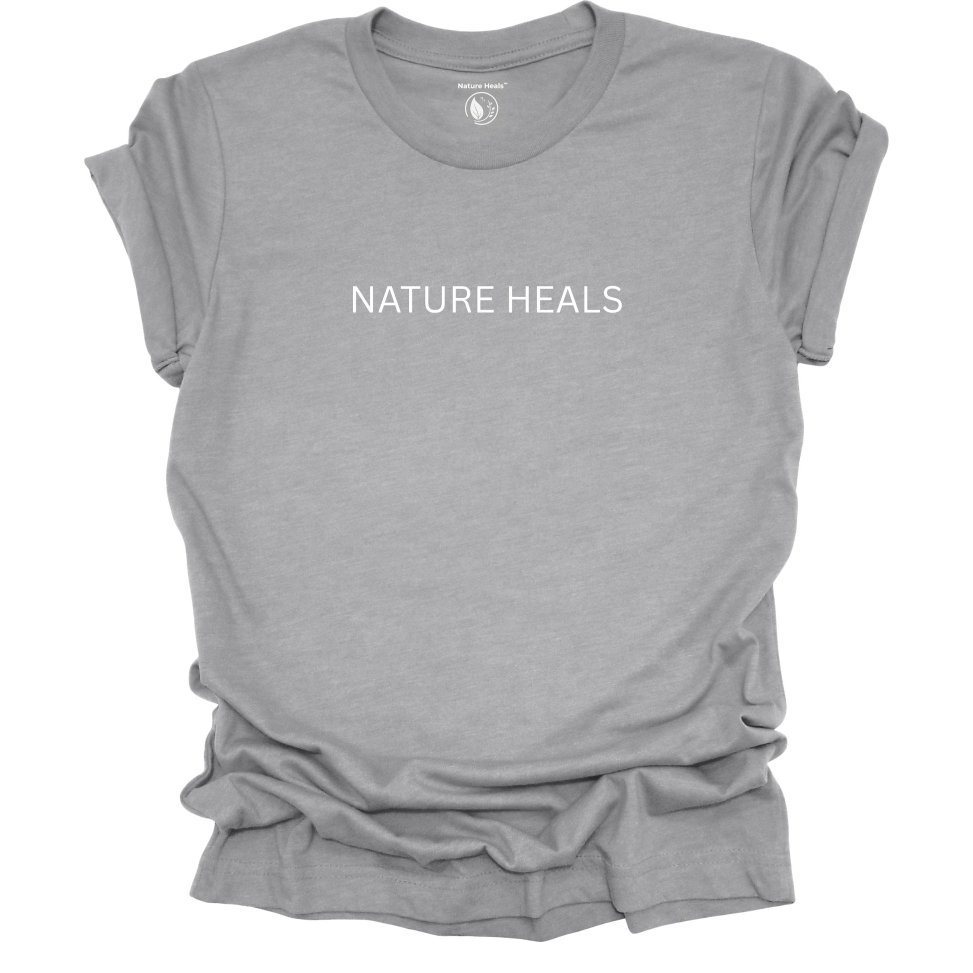 Gray t-shirt with 'NATURE HEALS' text on a white background