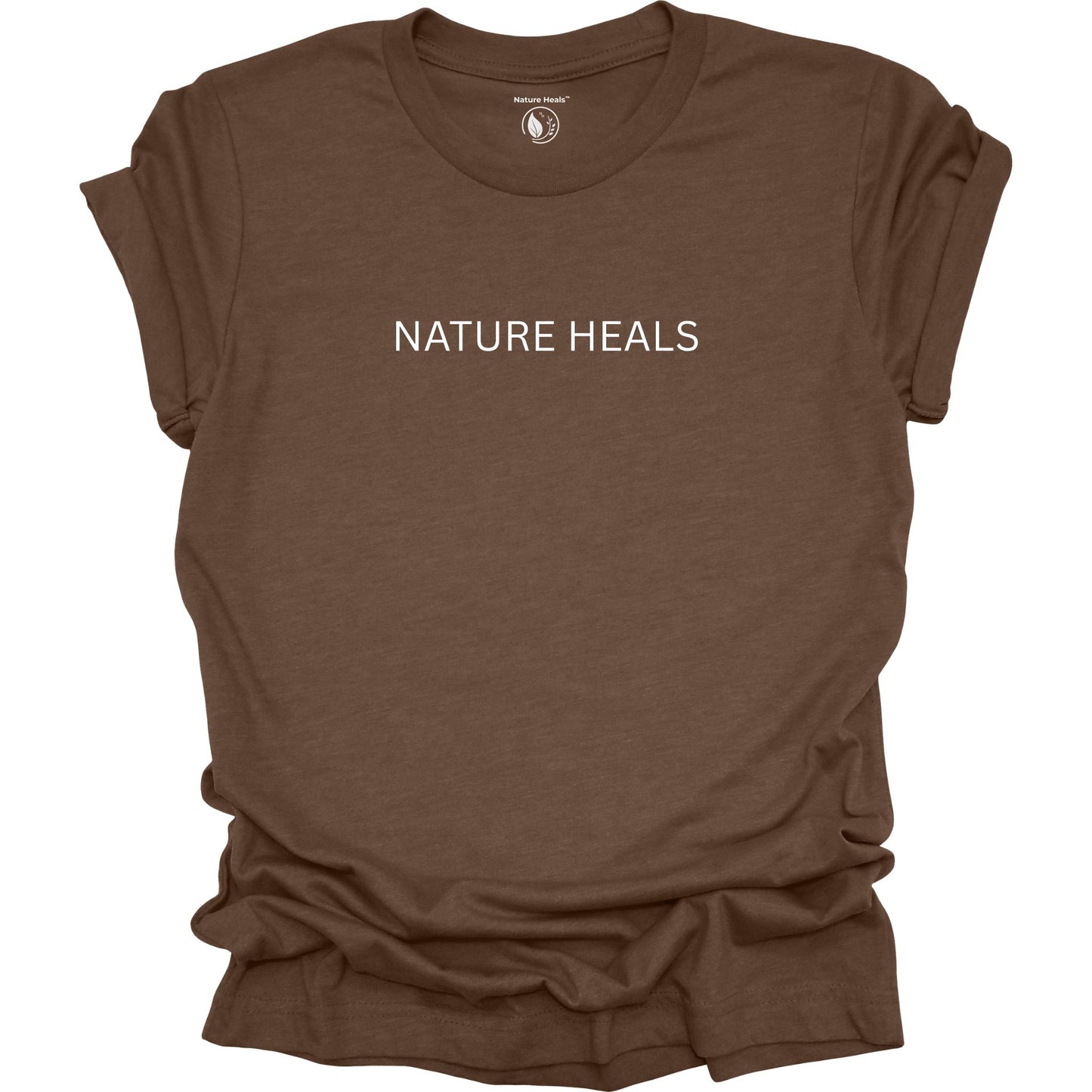 Brown t-shirt with 'NATURE HEALS' text on a white background