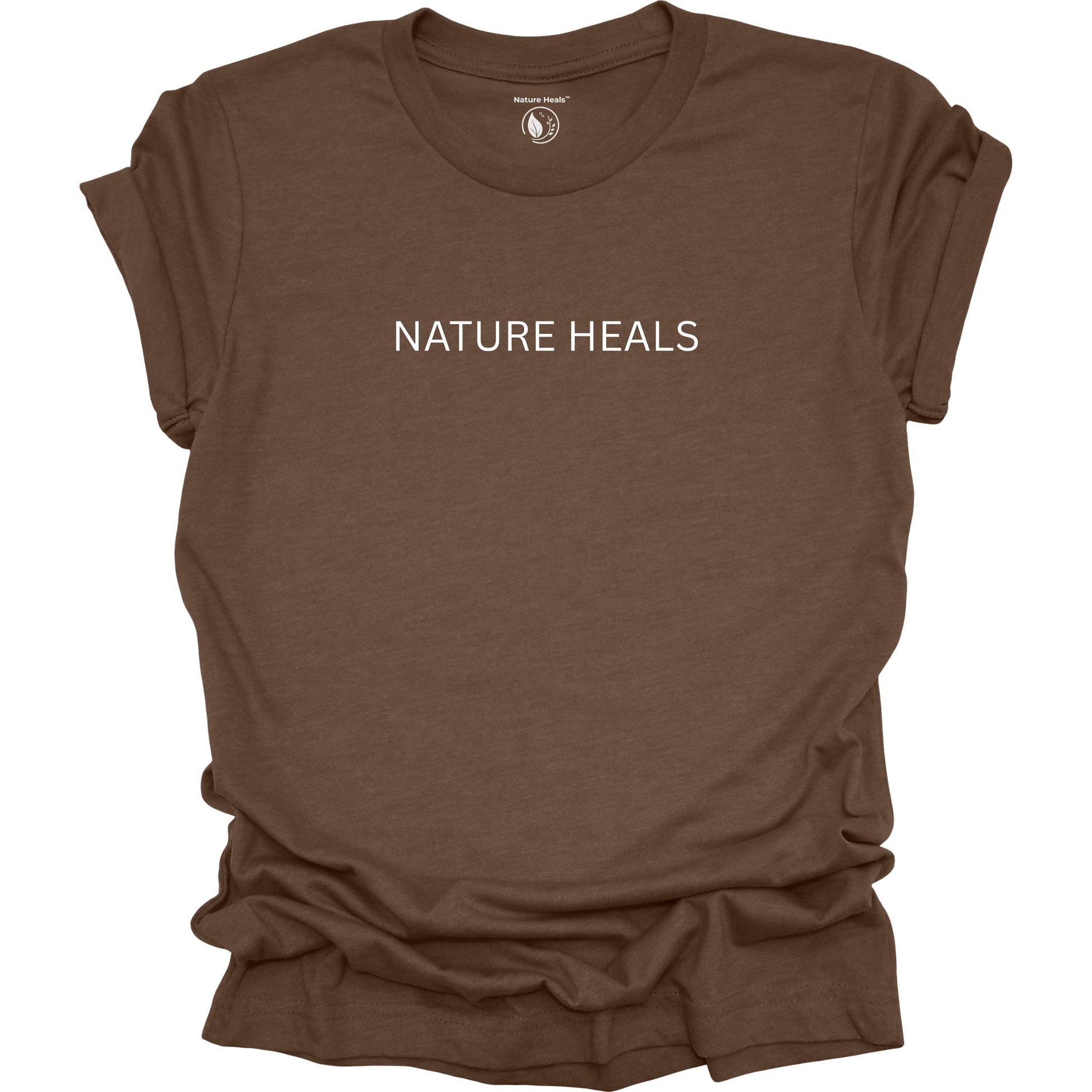Brown t-shirt with 'NATURE HEALS' text on a white background