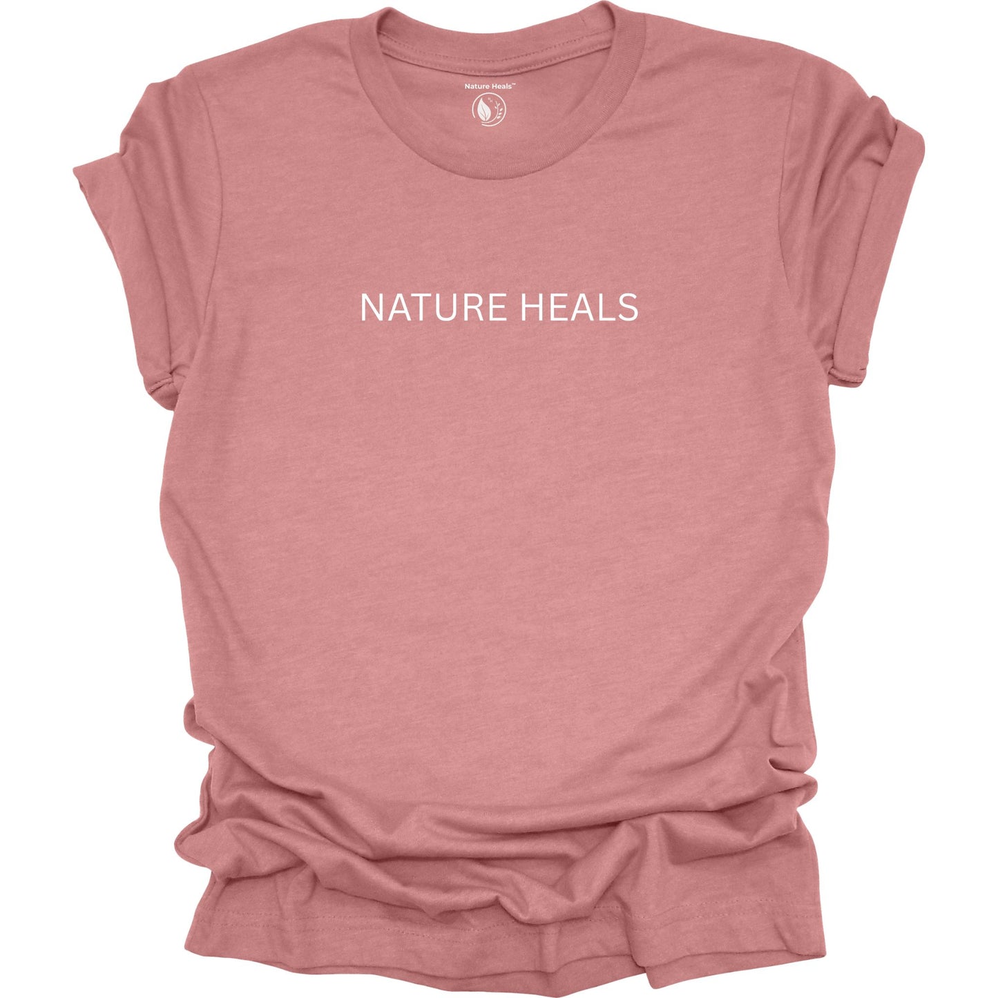 Mauve  t-shirt with 'NATURE HEALS' text on a white background