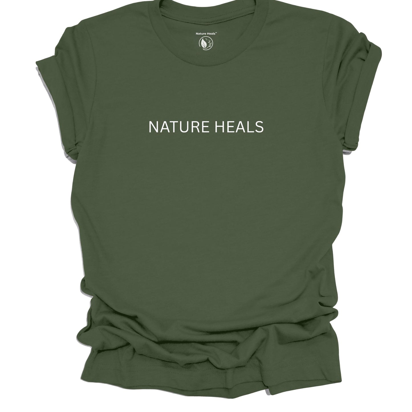 Green t-shirt with 'NATURE HEALS' text on a white background