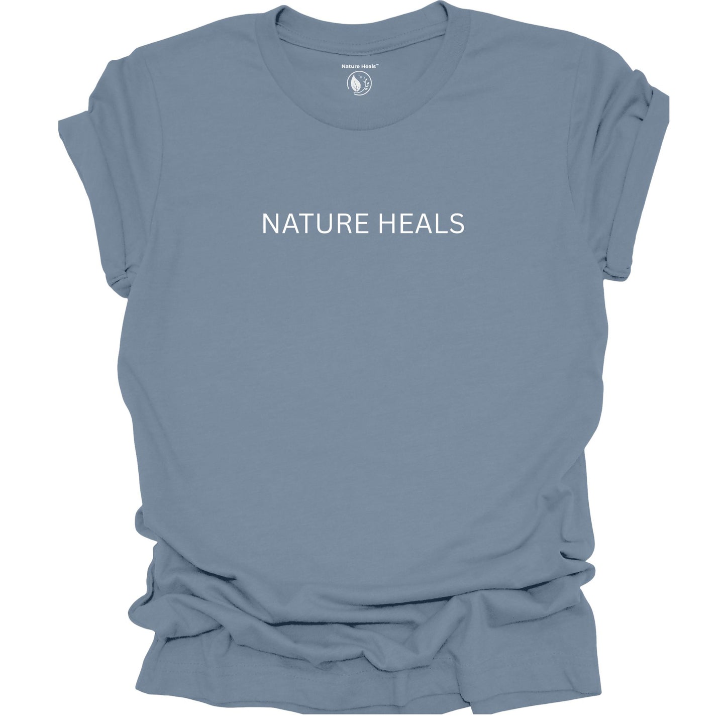 Blue t-shirt with 'NATURE HEALS' text on a white background