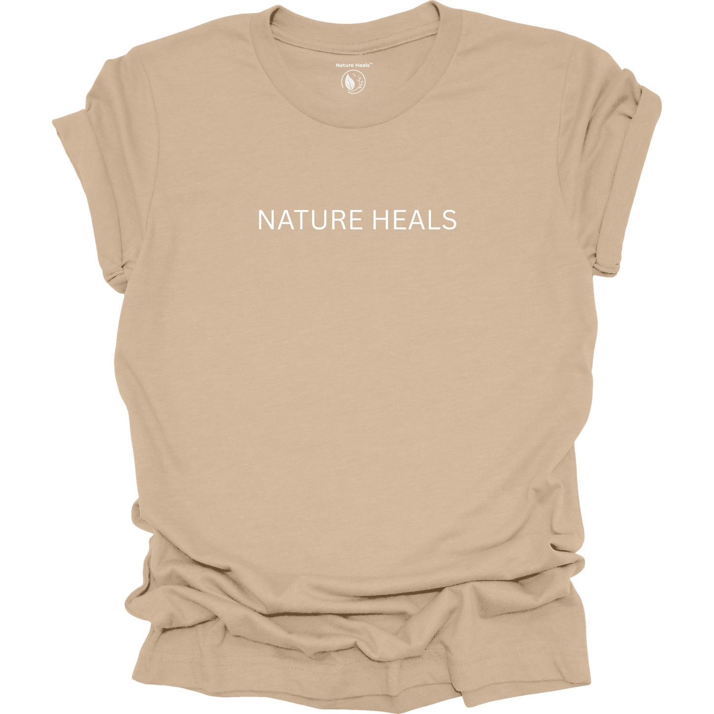 Beige t-shirt with 'NATURE HEALS' text on a white background