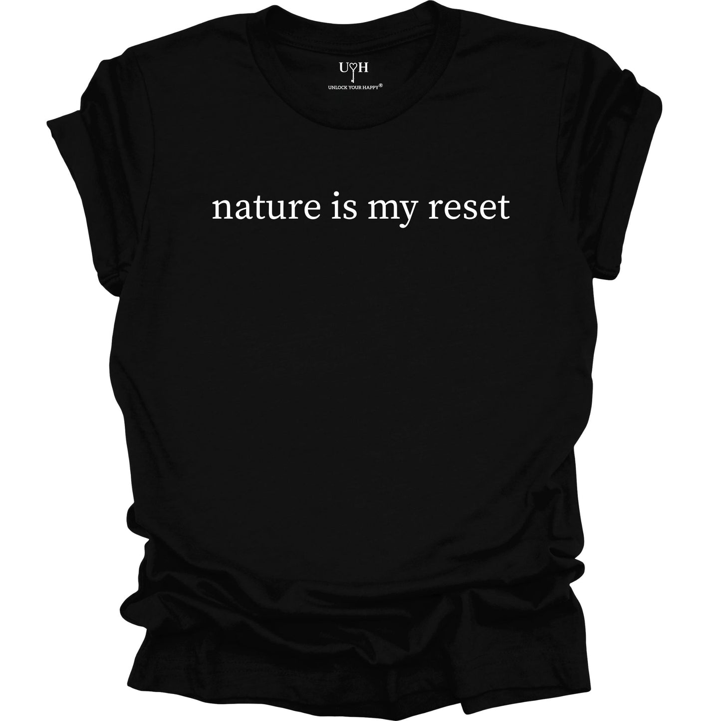 Nature Is My Reset minimalist graphic t-shirt, black unisex nature wellness tee inspired by outdoor living and the healing power of nature.