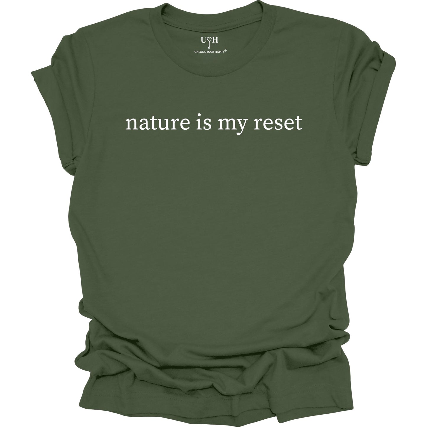 Nature Is My Reset minimalist graphic t-shirt, green unisex nature wellness tee inspired by outdoor living and the healing power of nature.