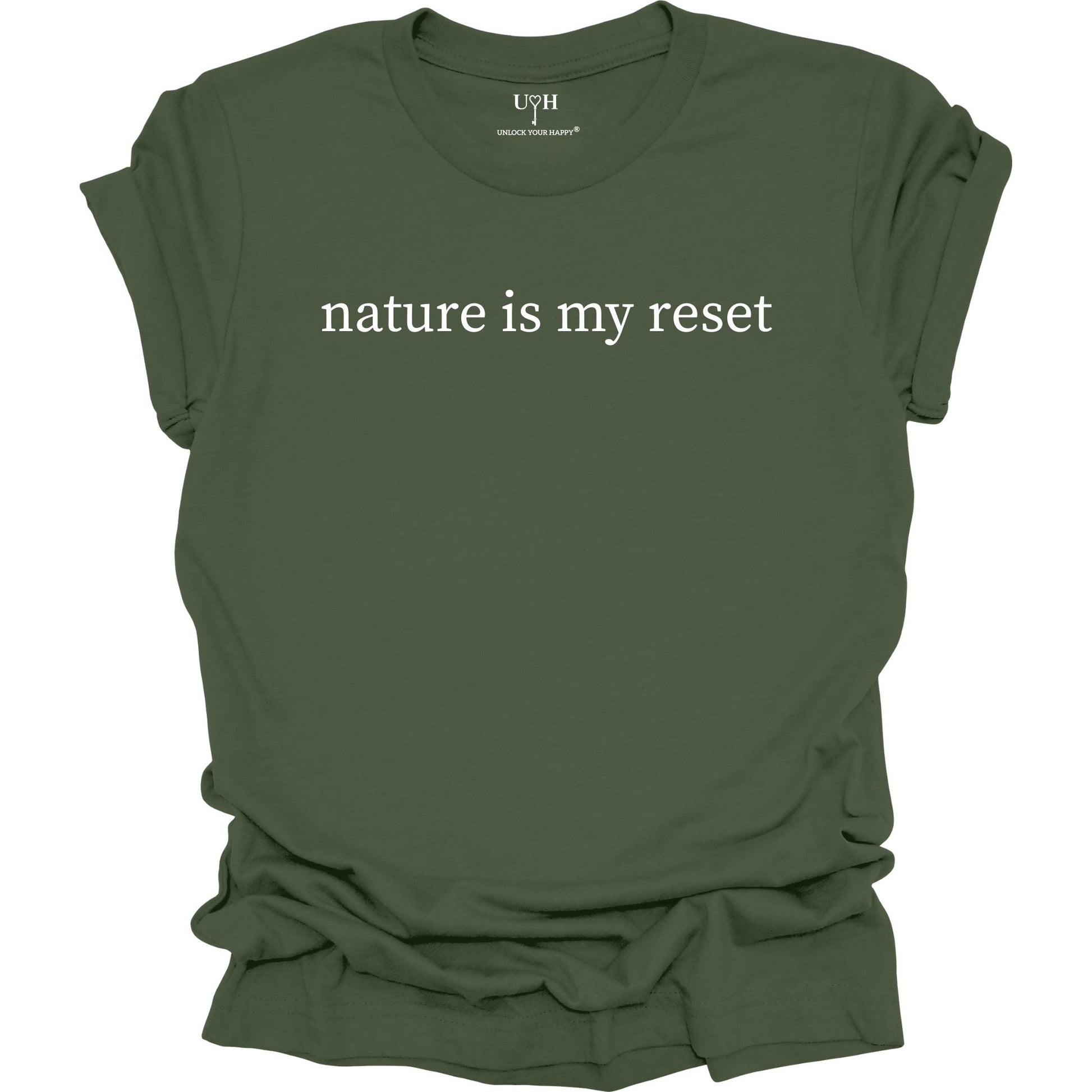 Nature Is My Reset minimalist graphic t-shirt, green unisex nature wellness tee inspired by outdoor living and the healing power of nature.