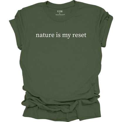 Nature Is My Reset minimalist graphic t-shirt, green unisex nature wellness tee inspired by outdoor living and the healing power of nature.