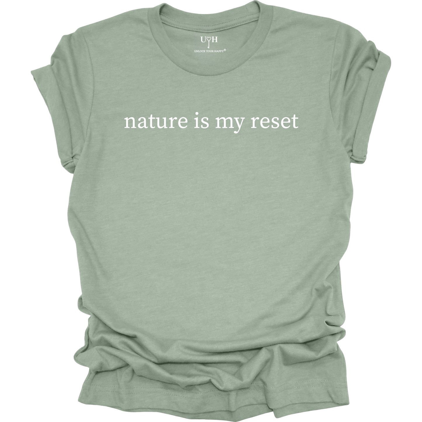 Nature Is My Reset minimalist graphic t-shirt, sage unisex nature wellness tee inspired by outdoor living and the healing power of nature.