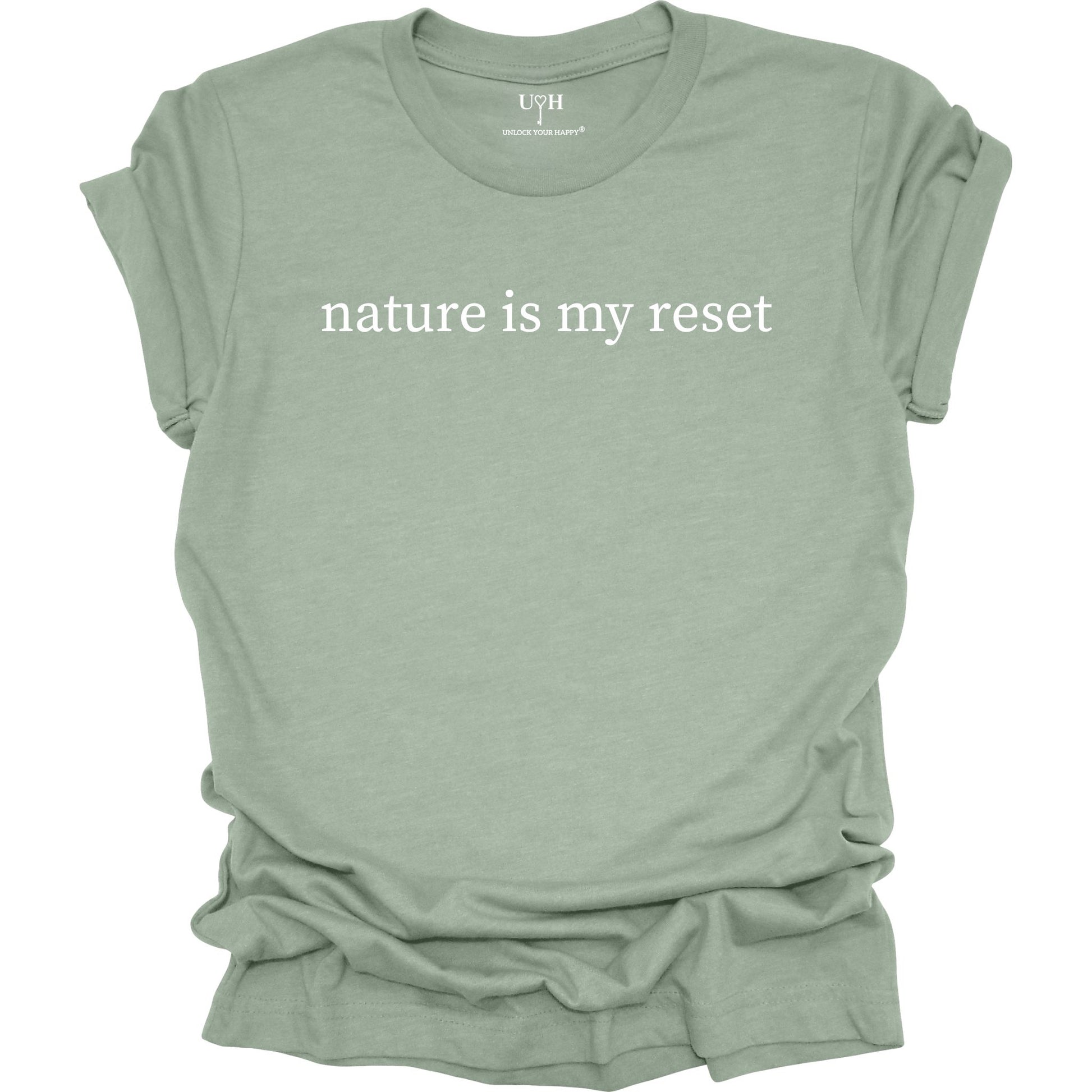 Nature Is My Reset minimalist graphic t-shirt, sage unisex nature wellness tee inspired by outdoor living and the healing power of nature.