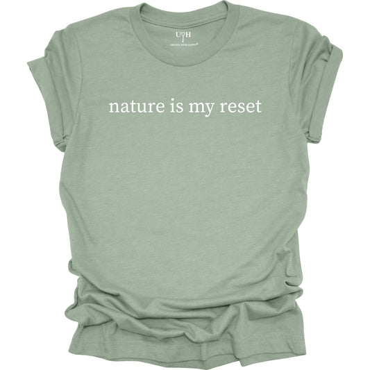 Nature Is My Reset minimalist graphic t-shirt, sage unisex nature wellness tee inspired by outdoor living and the healing power of nature.