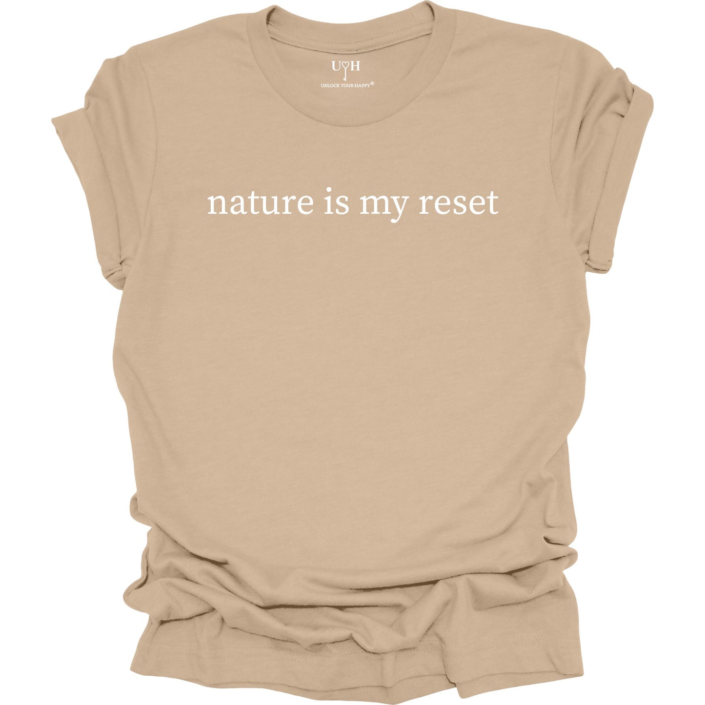 Nature Is My Reset minimalist graphic t-shirt, tan unisex nature wellness tee inspired by outdoor living and the healing power of nature.