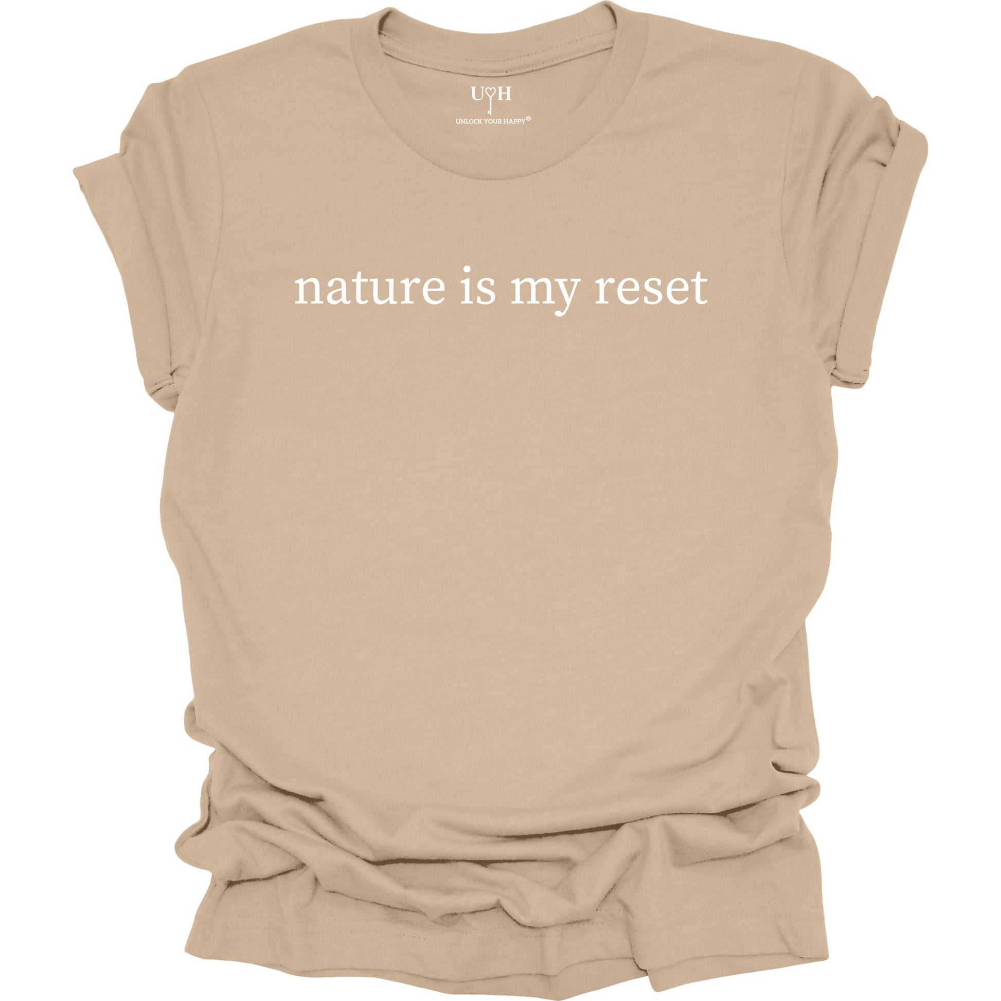 Nature Is My Reset minimalist graphic t-shirt, tan unisex nature wellness tee inspired by outdoor living and the healing power of nature.
