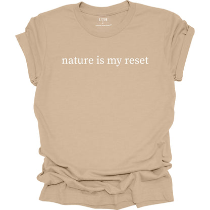 Nature Is My Reset minimalist graphic t-shirt, tan unisex nature wellness tee inspired by outdoor living and the healing power of nature.