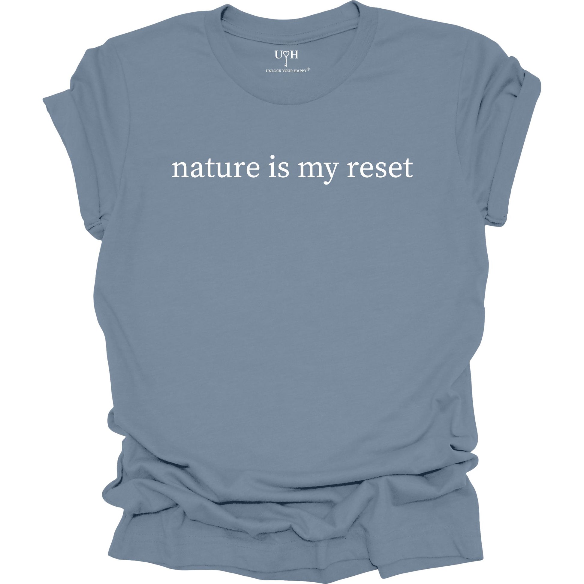 Nature Is My Reset minimalist graphic t-shirt, blue unisex nature wellness tee inspired by outdoor living and the healing power of nature.