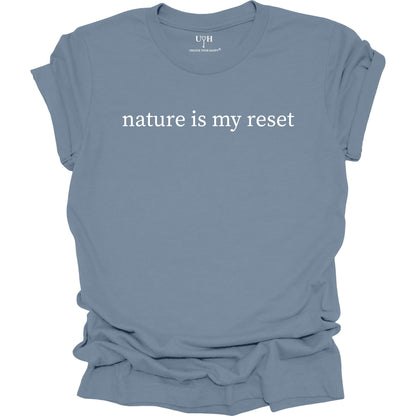 Nature Is My Reset minimalist graphic t-shirt, blue unisex nature wellness tee inspired by outdoor living and the healing power of nature.