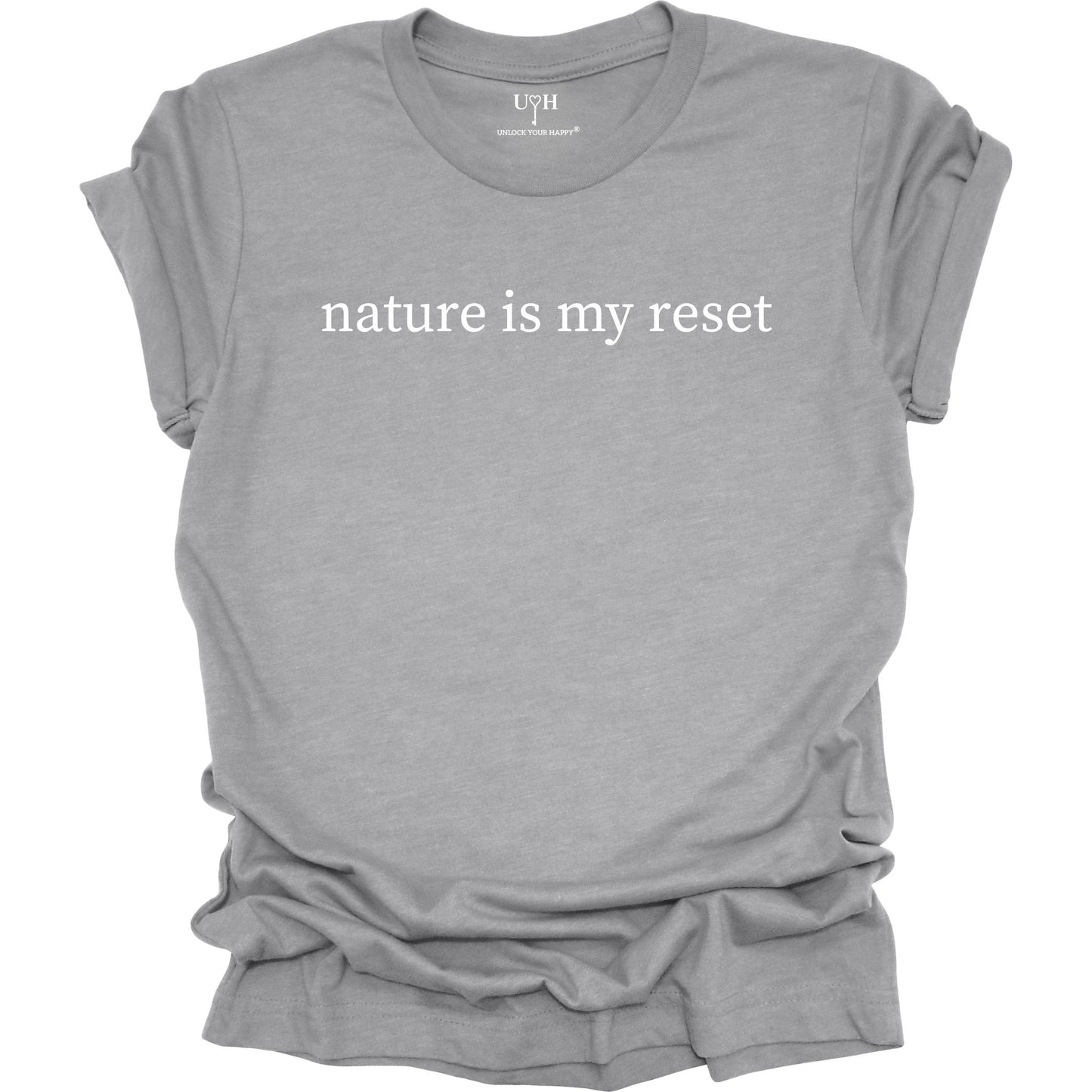 Nature Is My Reset minimalist graphic t-shirt, gray unisex nature wellness tee inspired by outdoor living and the healing power of nature.