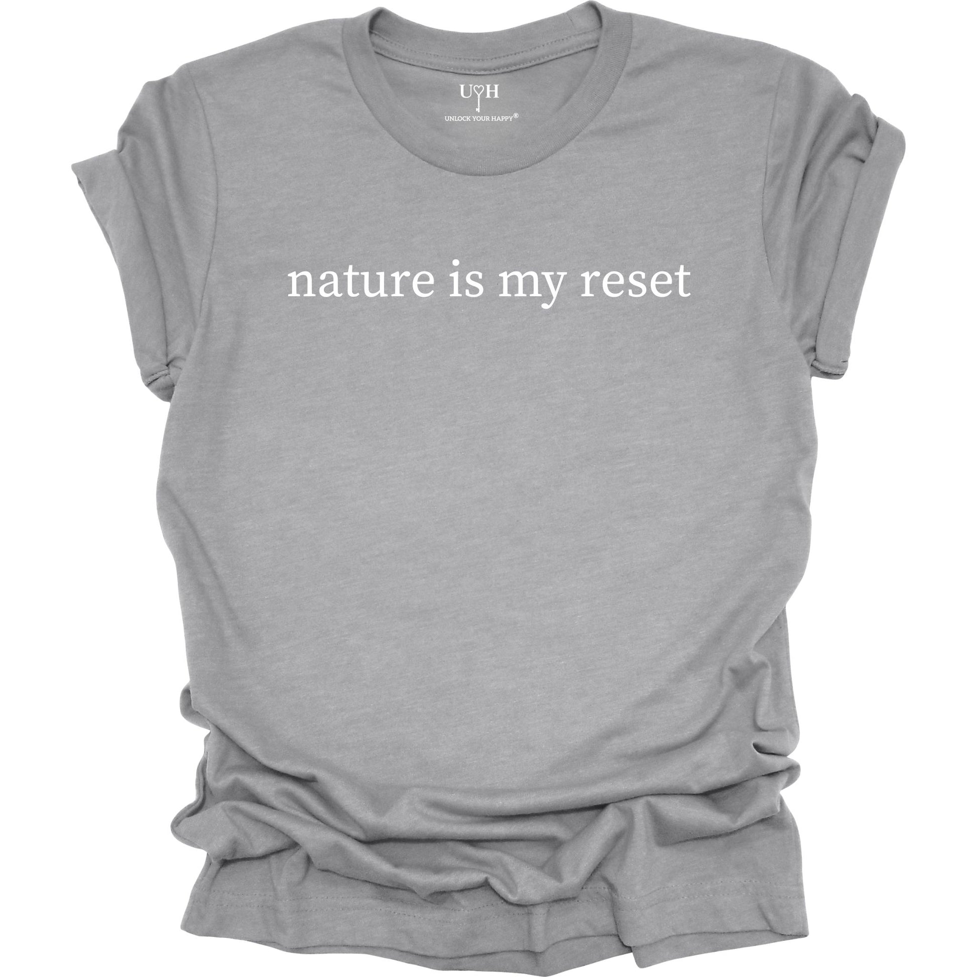 Nature Is My Reset minimalist graphic t-shirt, gray unisex nature wellness tee inspired by outdoor living and the healing power of nature.