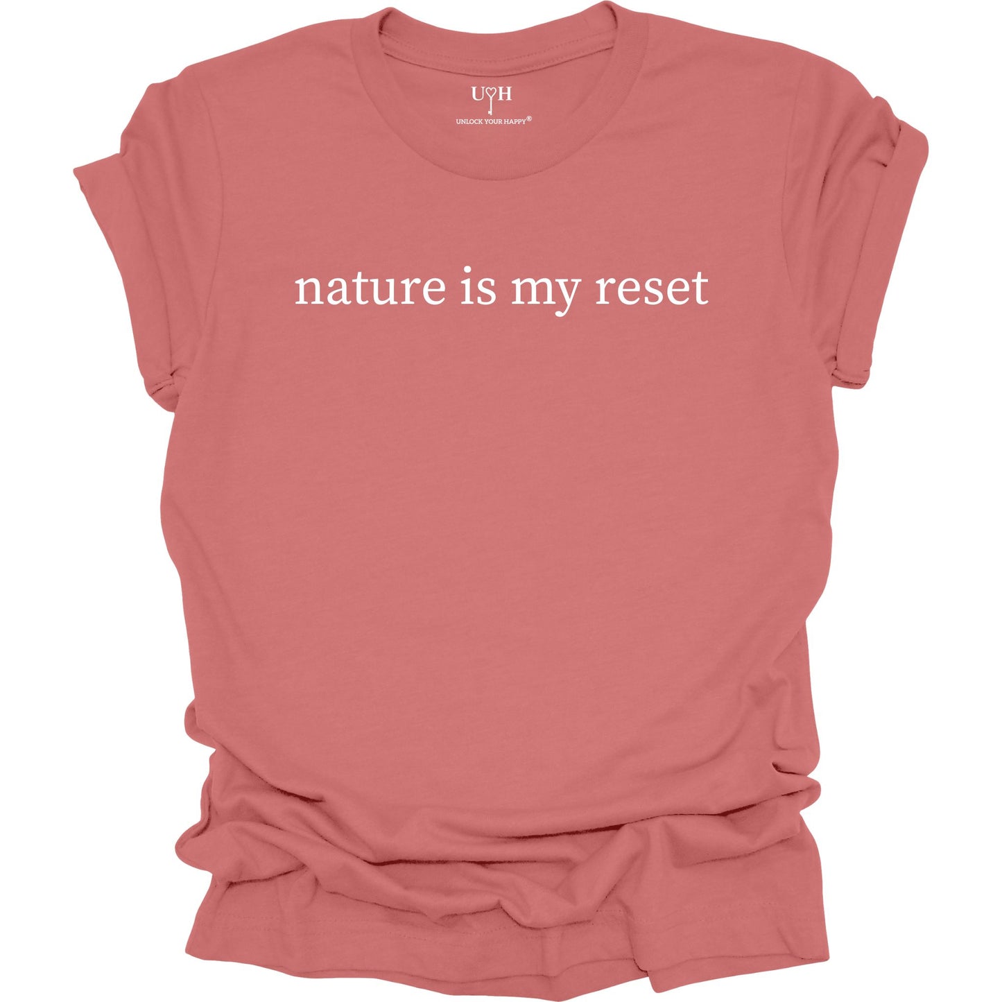 Nature Is My Reset minimalist graphic t-shirt, mauve unisex nature wellness tee inspired by outdoor living and the healing power of nature.