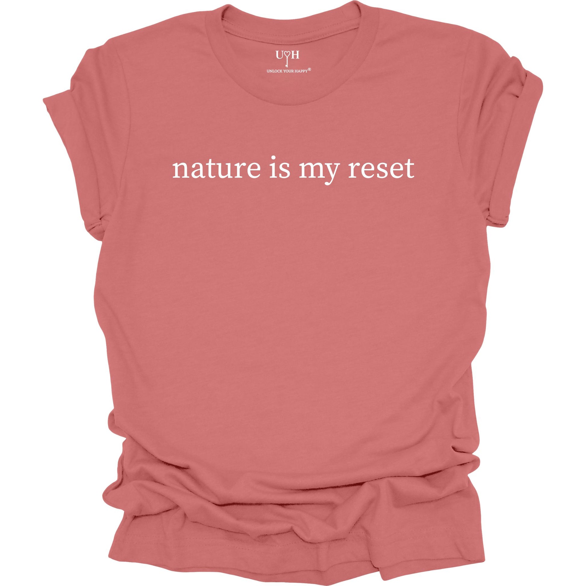 Nature Is My Reset minimalist graphic t-shirt, mauve unisex nature wellness tee inspired by outdoor living and the healing power of nature.