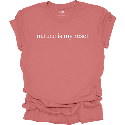 Nature Is My Reset minimalist graphic t-shirt, mauve unisex nature wellness tee inspired by outdoor living and the healing power of nature.
