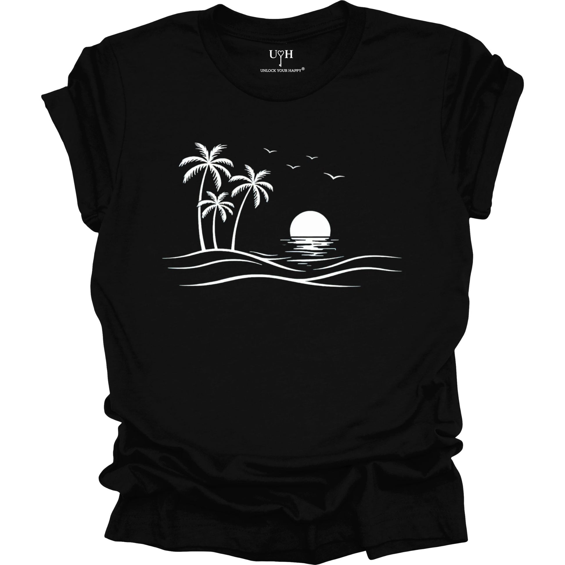 Black t-shirt with a white palm tree and sunset design on a white background