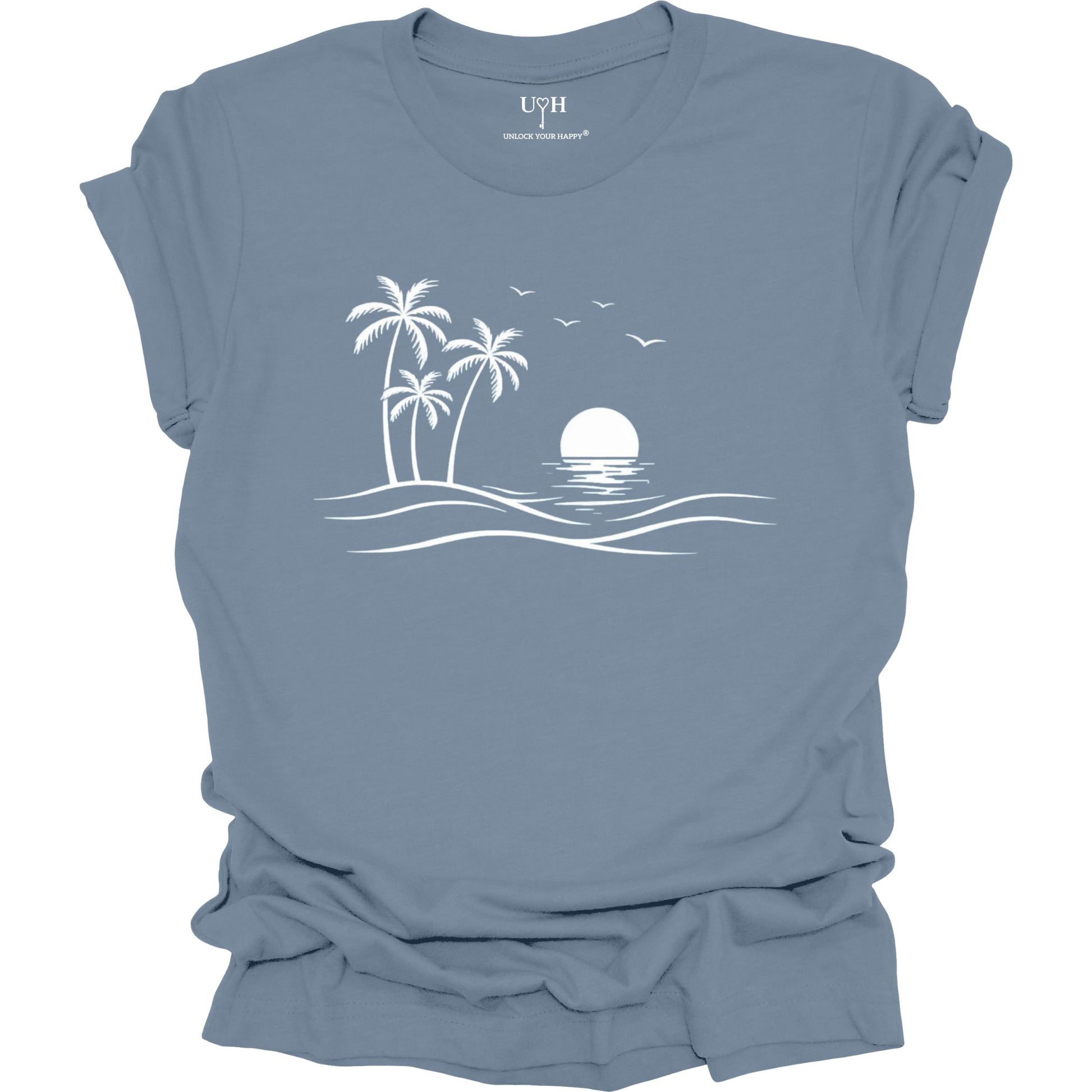 Blue t-shirt with a white palm tree and sunset design on a white background