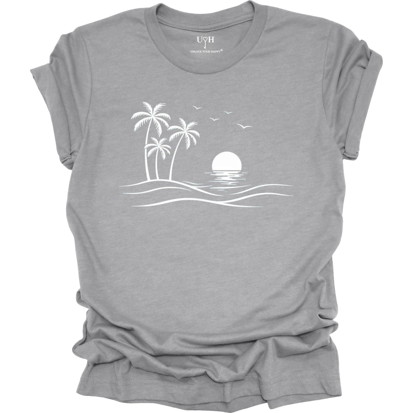 Gray t-shirt with a white beach scene graphic on a white background