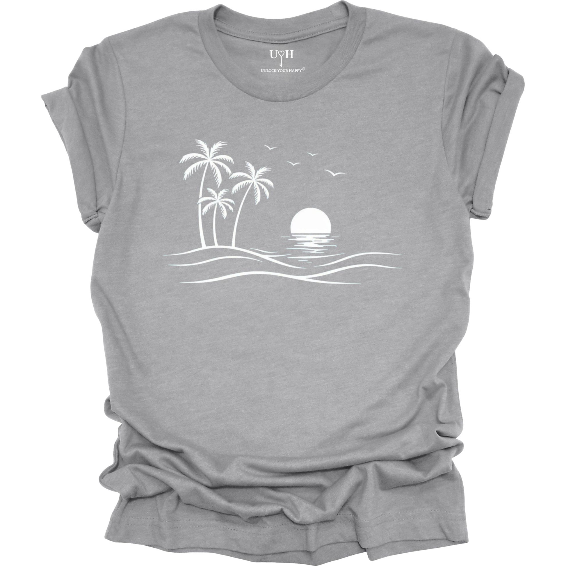 Gray t-shirt with a white beach scene graphic on a white background