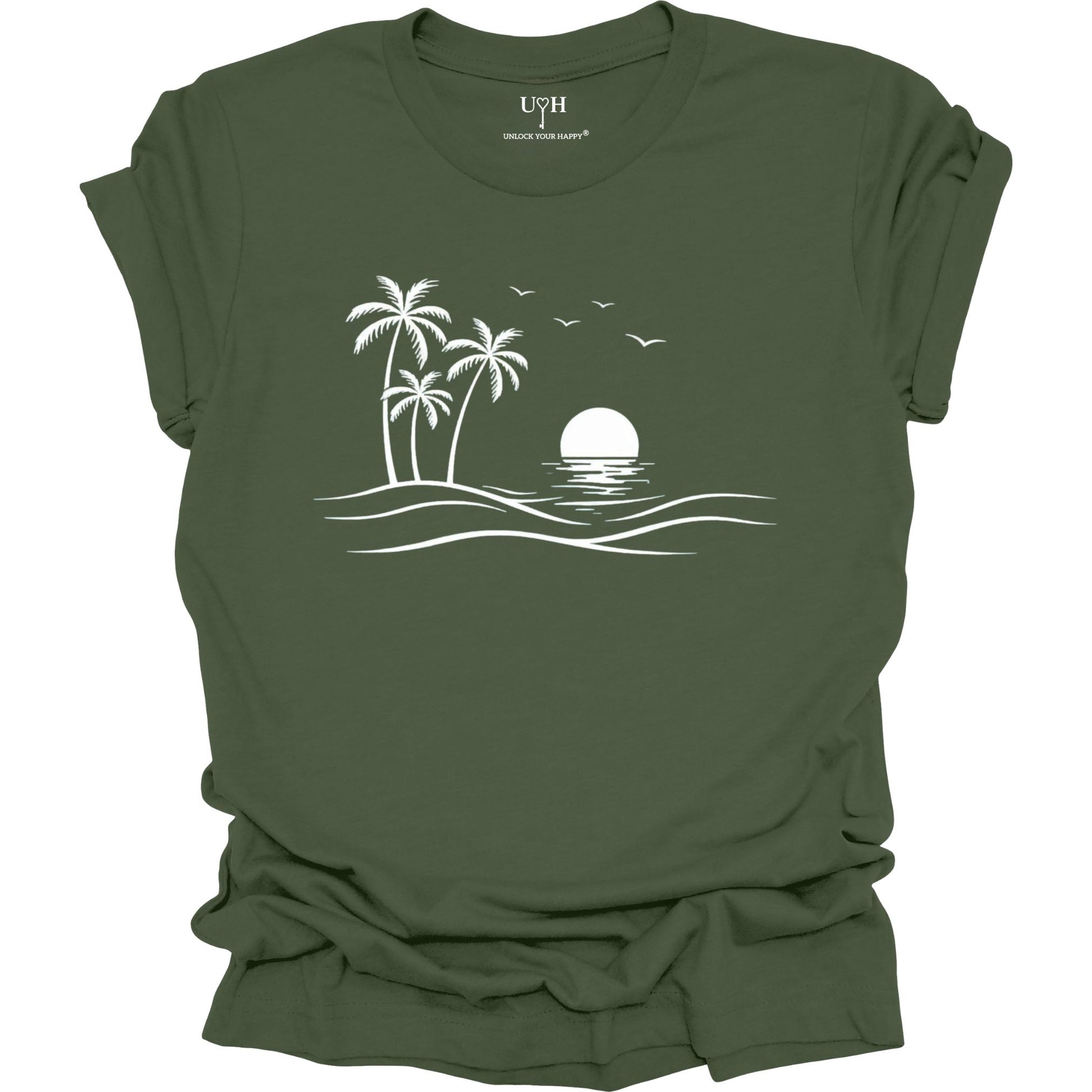 Green t-shirt with a white beach scene design on a white background