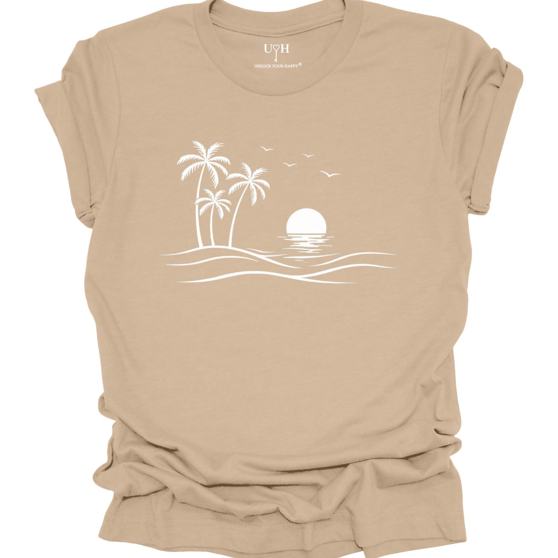 Tan  t-shirt with a white beach graphic and 'UH' logo on a beige background