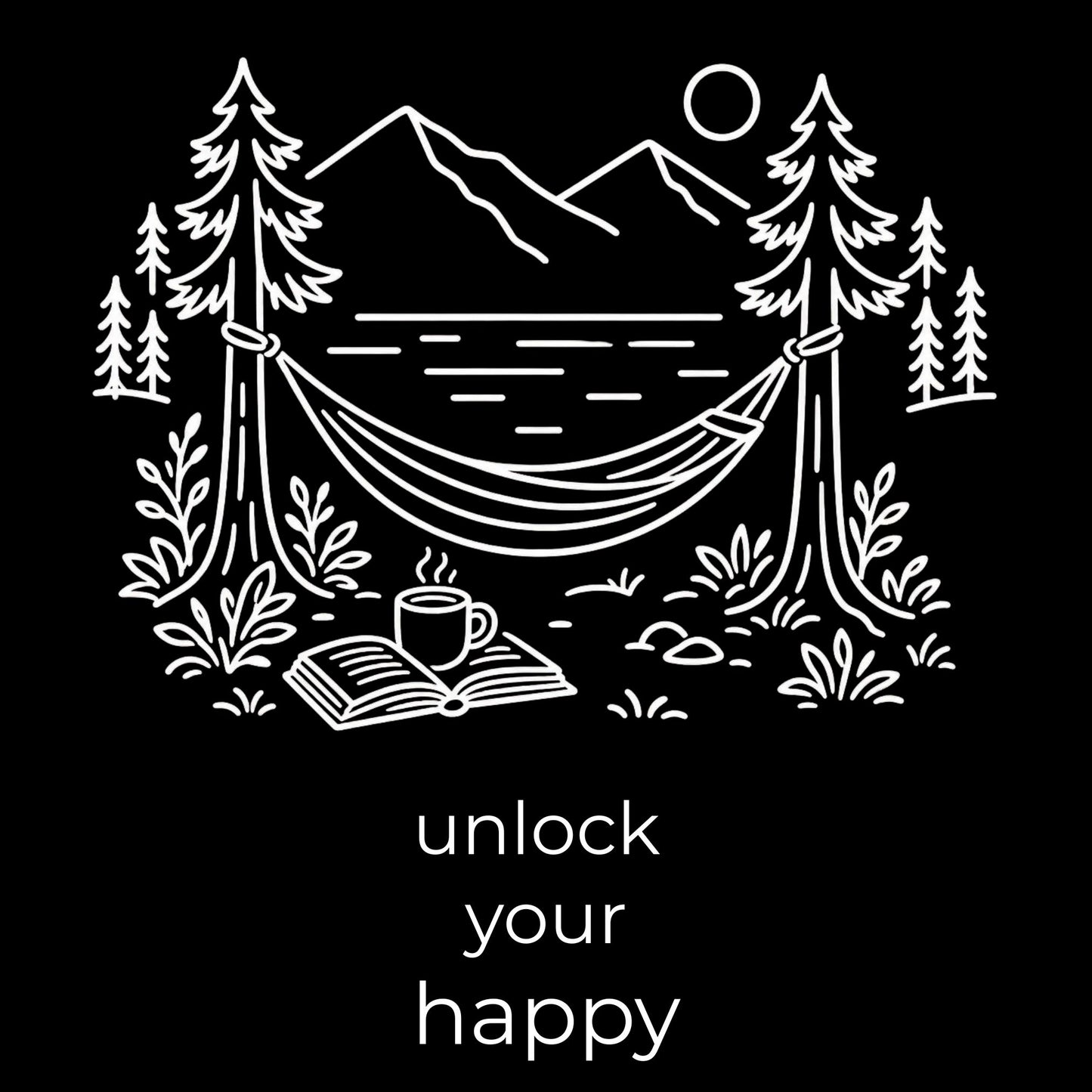 Illustration of a hammock between trees with a lake, mountains, and a cup of coffee, accompanied by the text 'unlock your happy'.