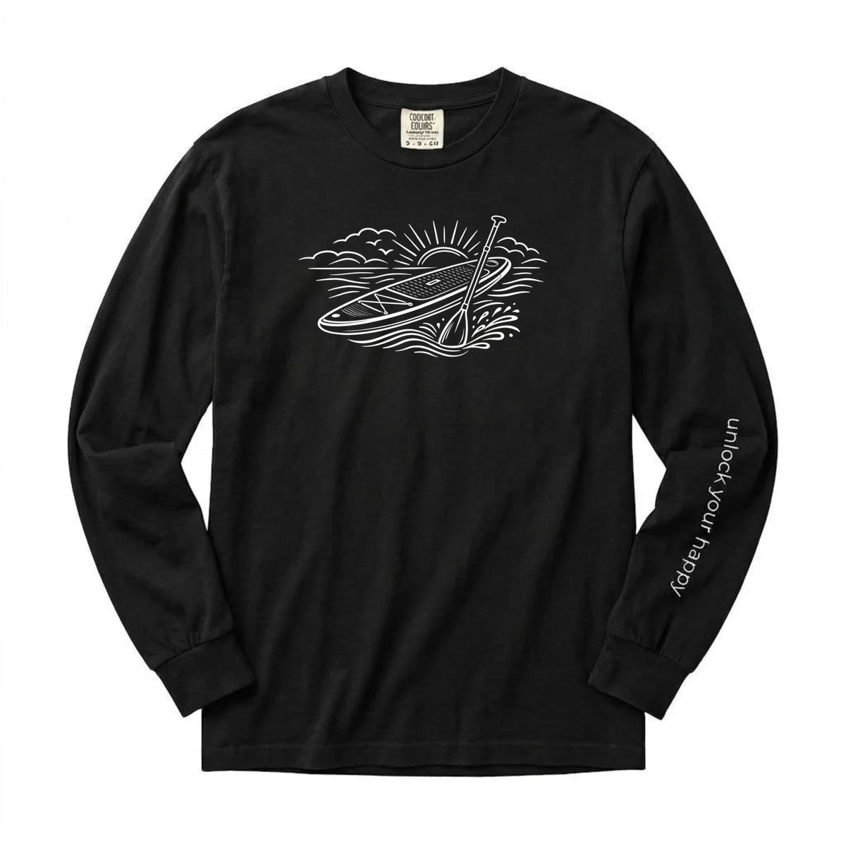 Unlock Your Happy paddleboard long sleeve shirt featuring a white paddleboard and sunrise graphic on a black Comfort Colors tee