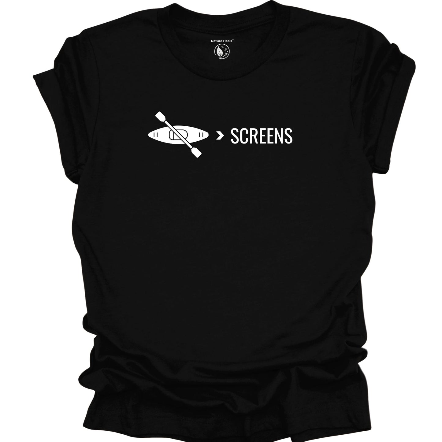 Kayak over screens t-shirt with paddle graphic, digital detox nature shirt for outdoor lovers, black