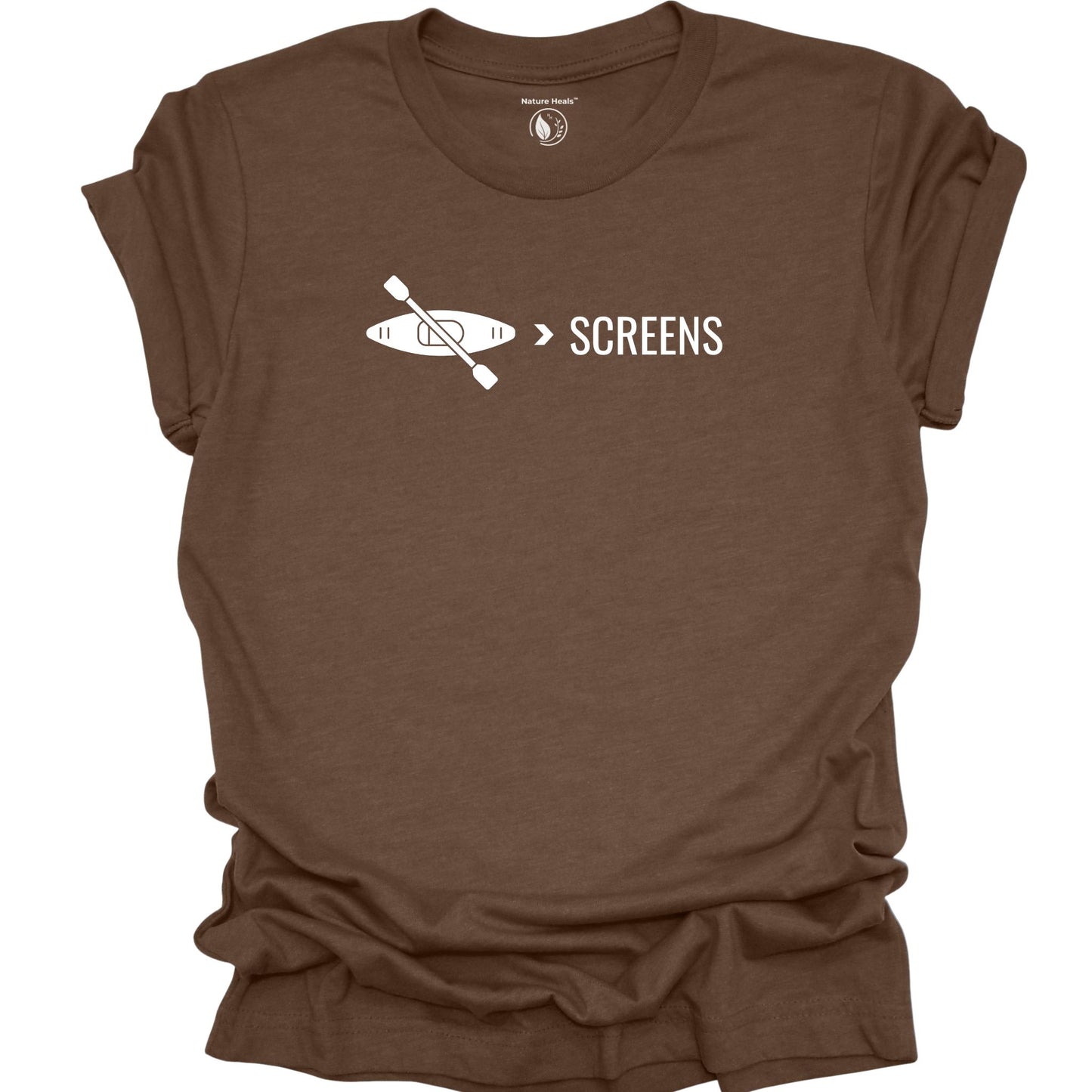 Kayak over screens t-shirt with paddle graphic, digital detox nature shirt for outdoor lovers, brown
