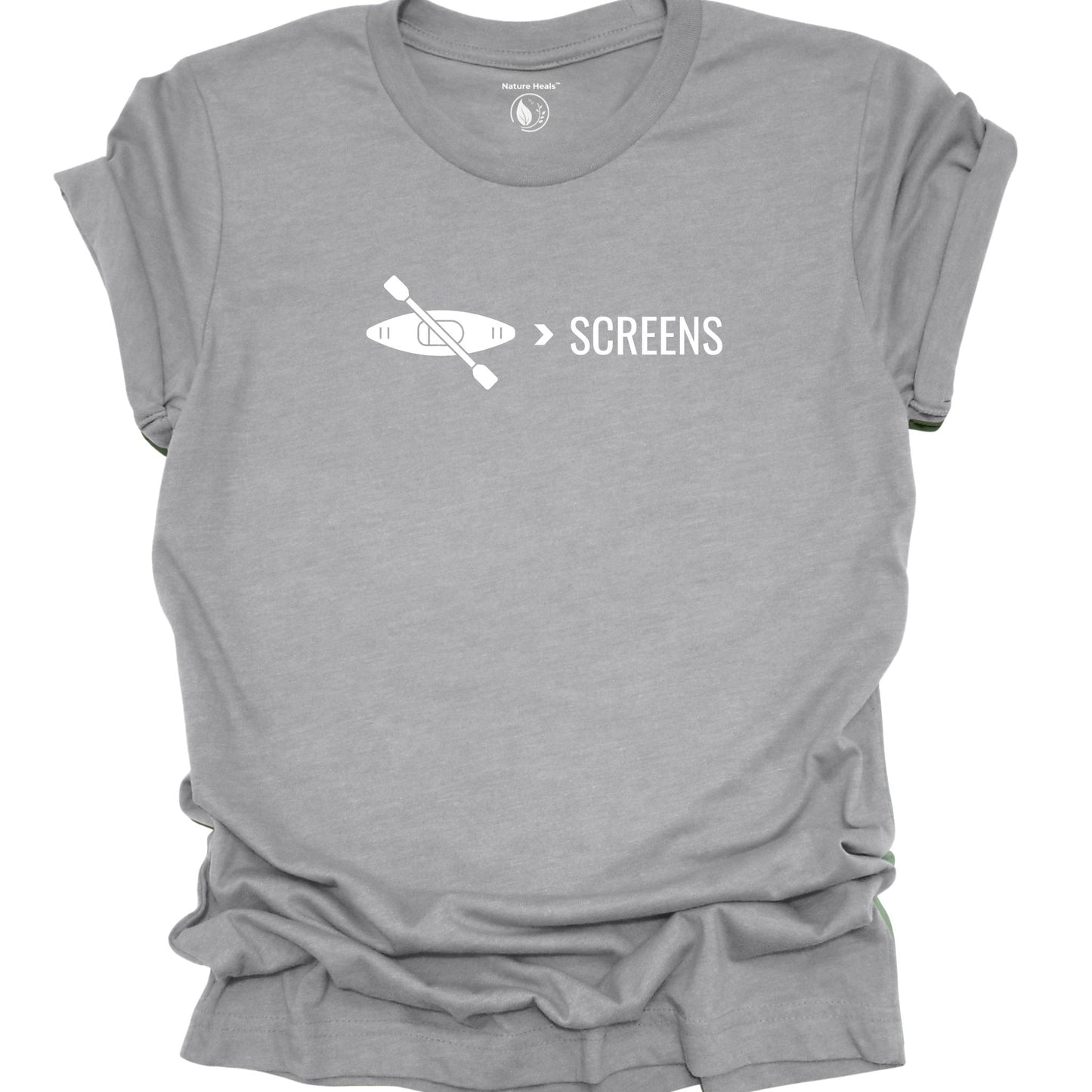 Kayak over screens t-shirt with paddle graphic, digital detox nature shirt for outdoor lovers, gray