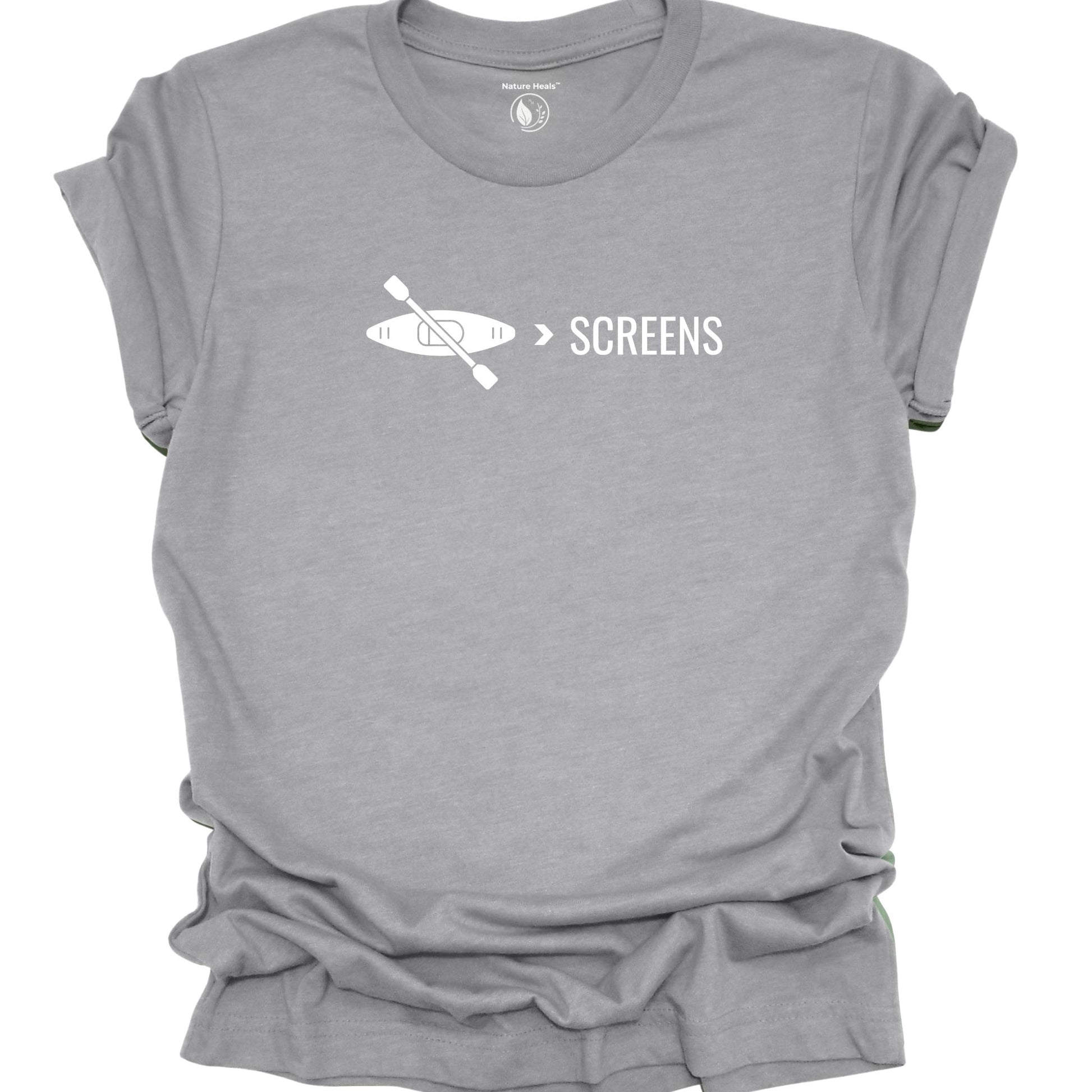 Kayak over screens t-shirt with paddle graphic, digital detox nature shirt for outdoor lovers, gray