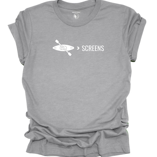 Kayak over screens t-shirt with paddle graphic, digital detox nature shirt for outdoor lovers, gray