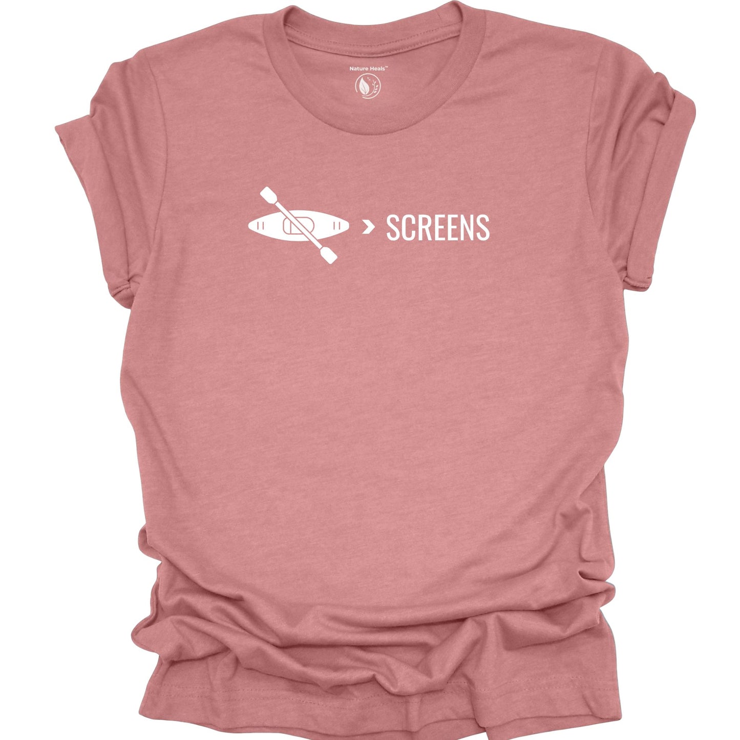 Kayak over screens t-shirt with paddle graphic, digital detox nature shirt for outdoor lovers, mauve