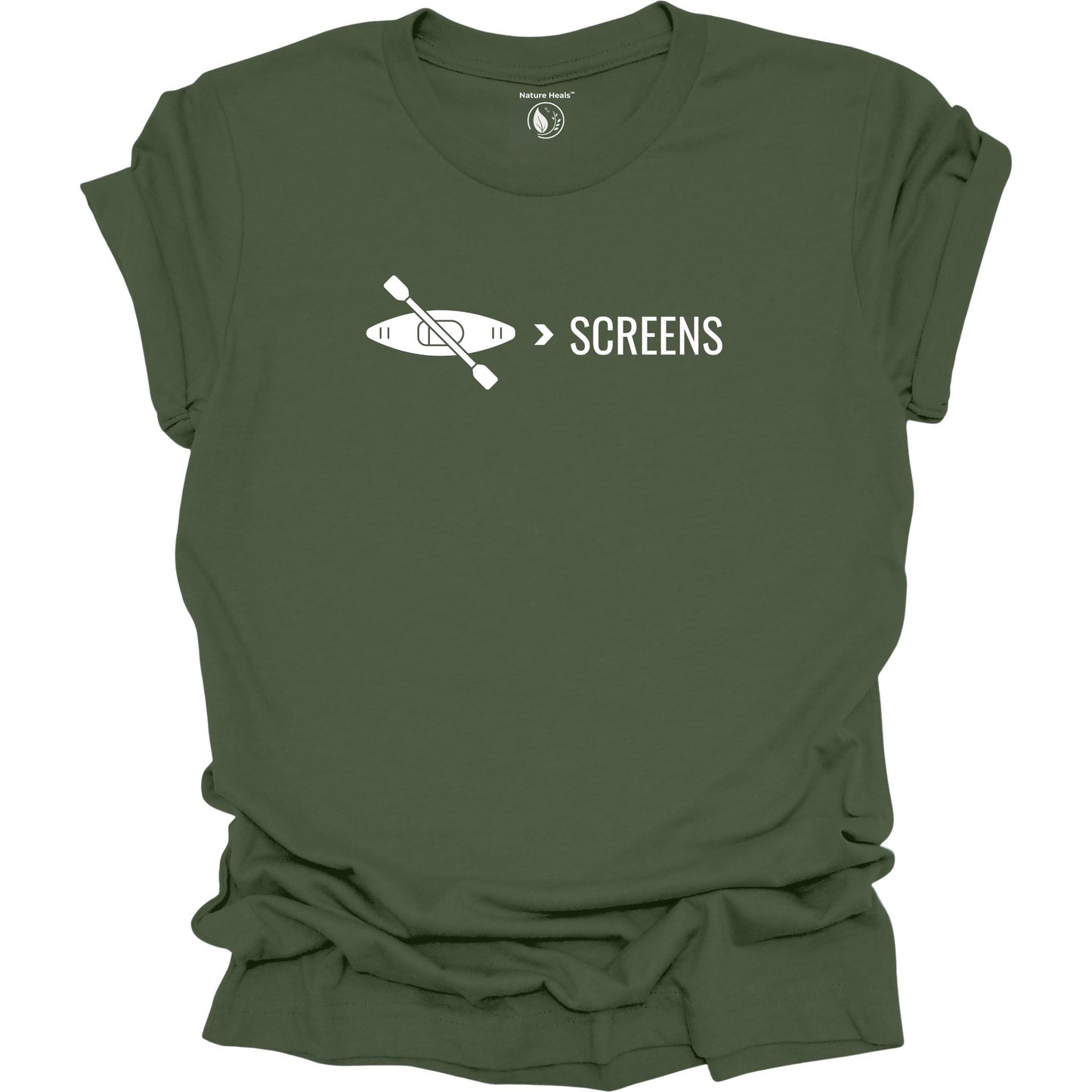 Kayak over screens  t-shirt with paddle graphic, digital detox nature shirt for outdoor lovers, green