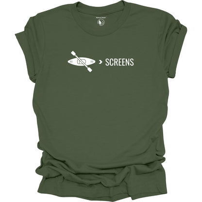 Kayak over screens  t-shirt with paddle graphic, digital detox nature shirt for outdoor lovers, green
