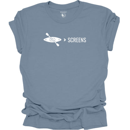 Kayak over screens t-shirt with paddle graphic, digital detox nature shirt for outdoor lovers, blue