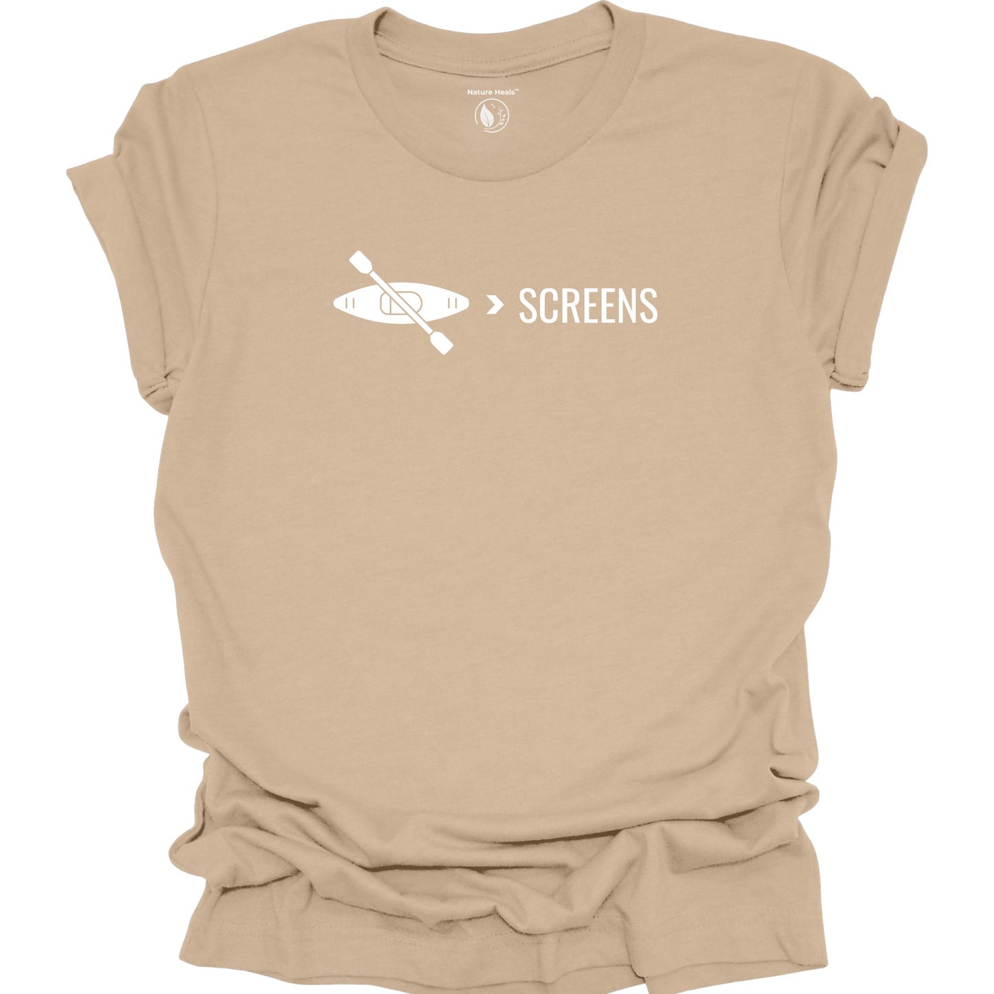 Kayak over screens  t-shirt with paddle graphic, digital detox nature shirt for outdoor lovers, tan