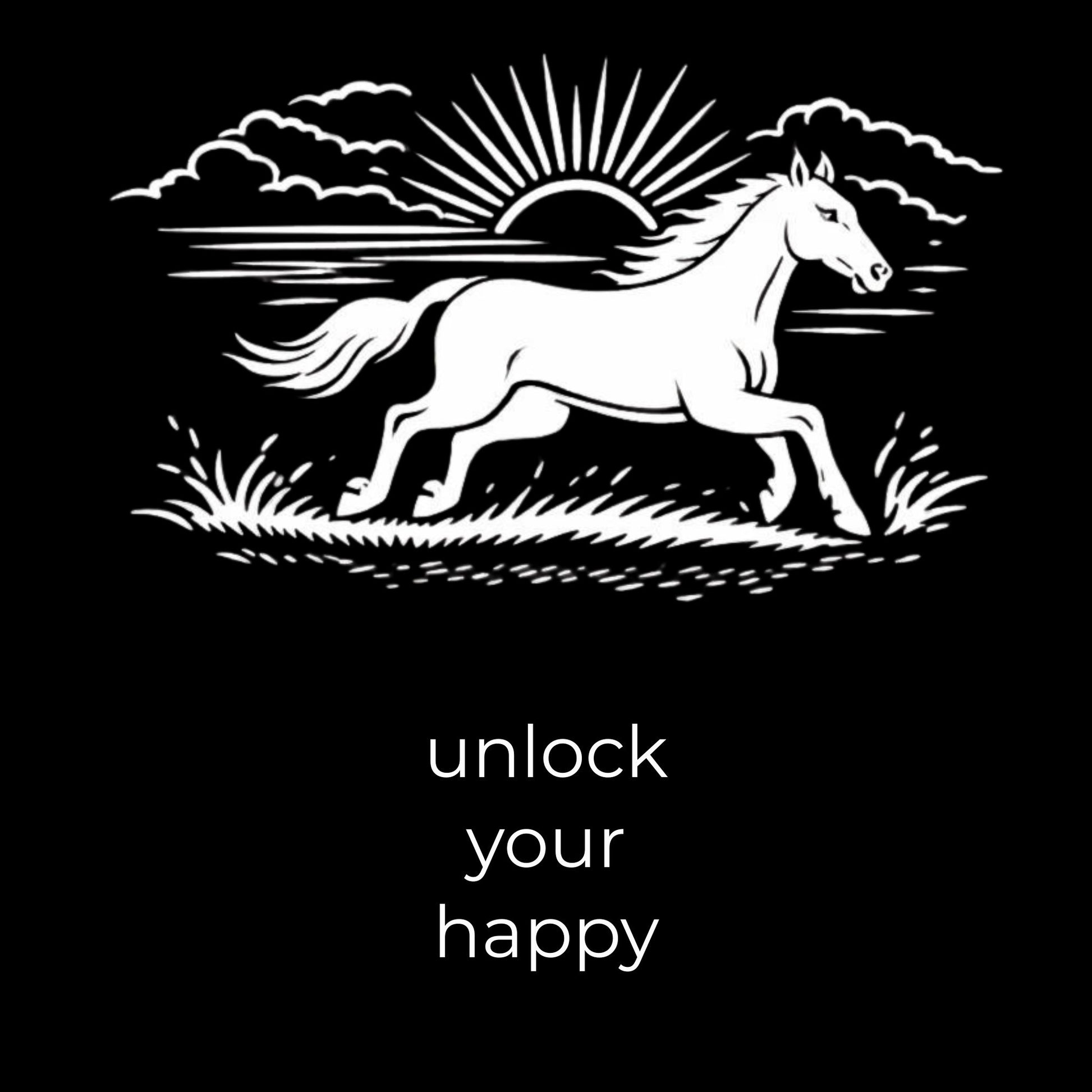 White horse illustration with 'unlock your happy' text on a black background