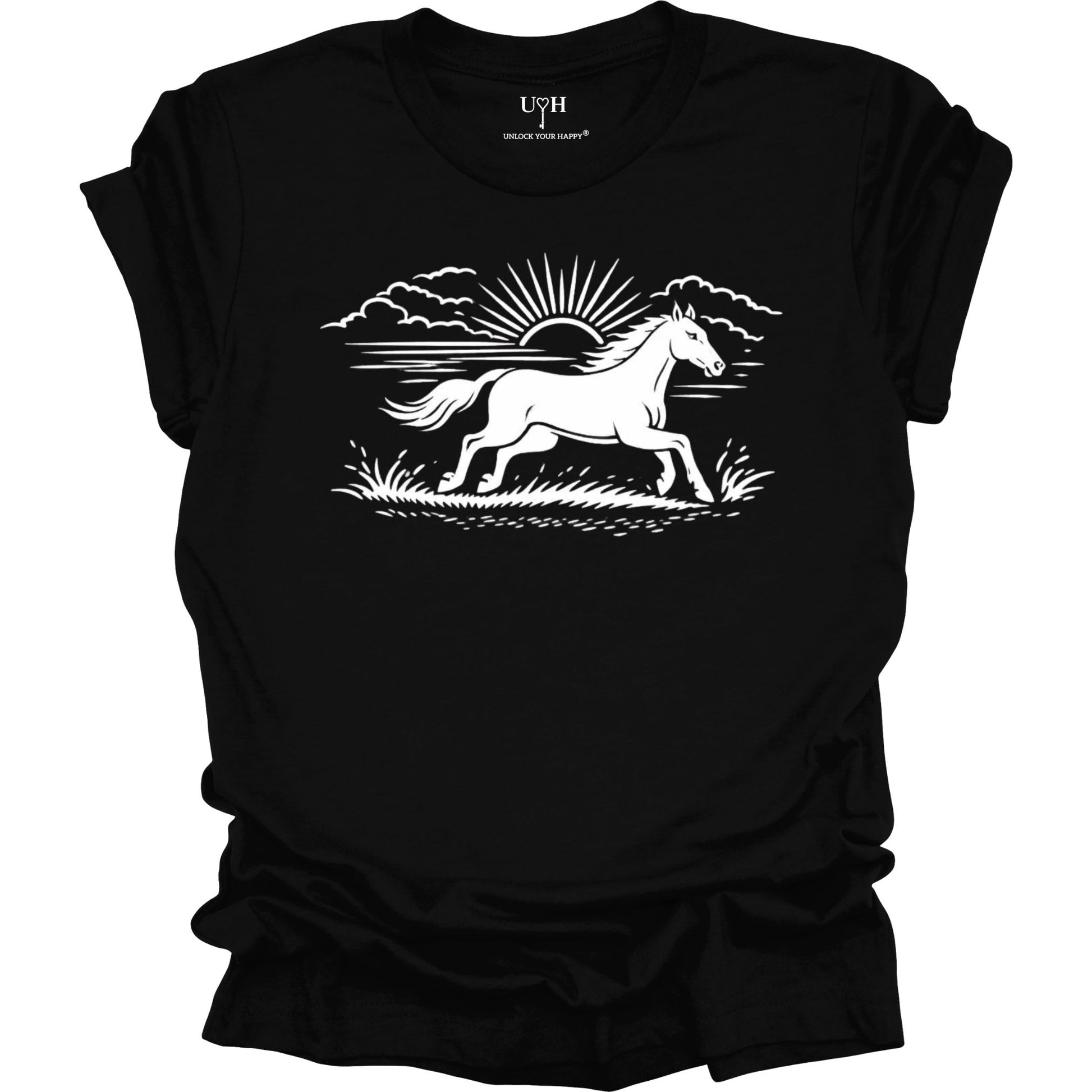 Running horse graphic t-shirt with sunrise nature design, minimalist outdoor inspired unisex black tee