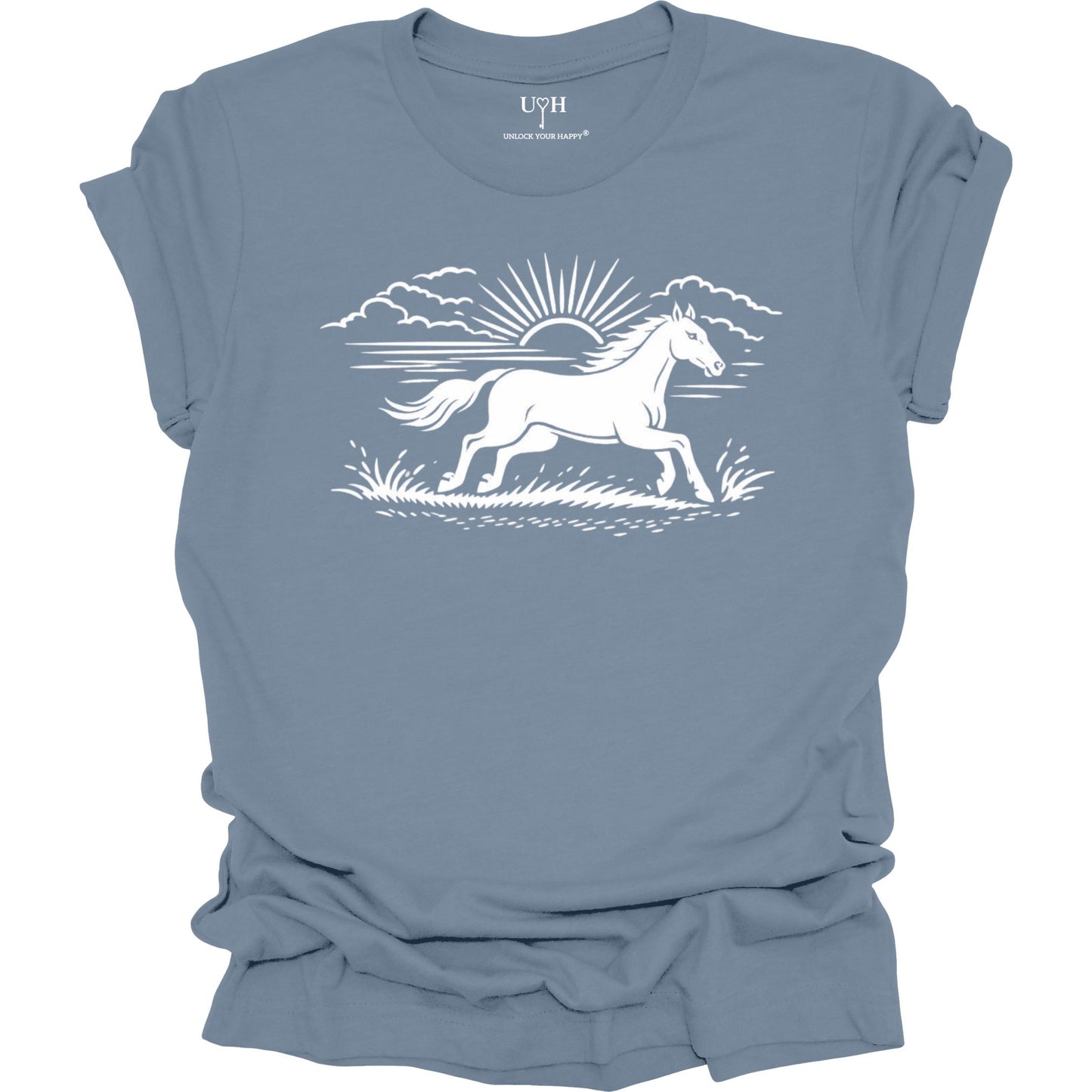 Running horse graphic t-shirt with sunrise nature design, minimalist outdoor inspired unisex blue tee