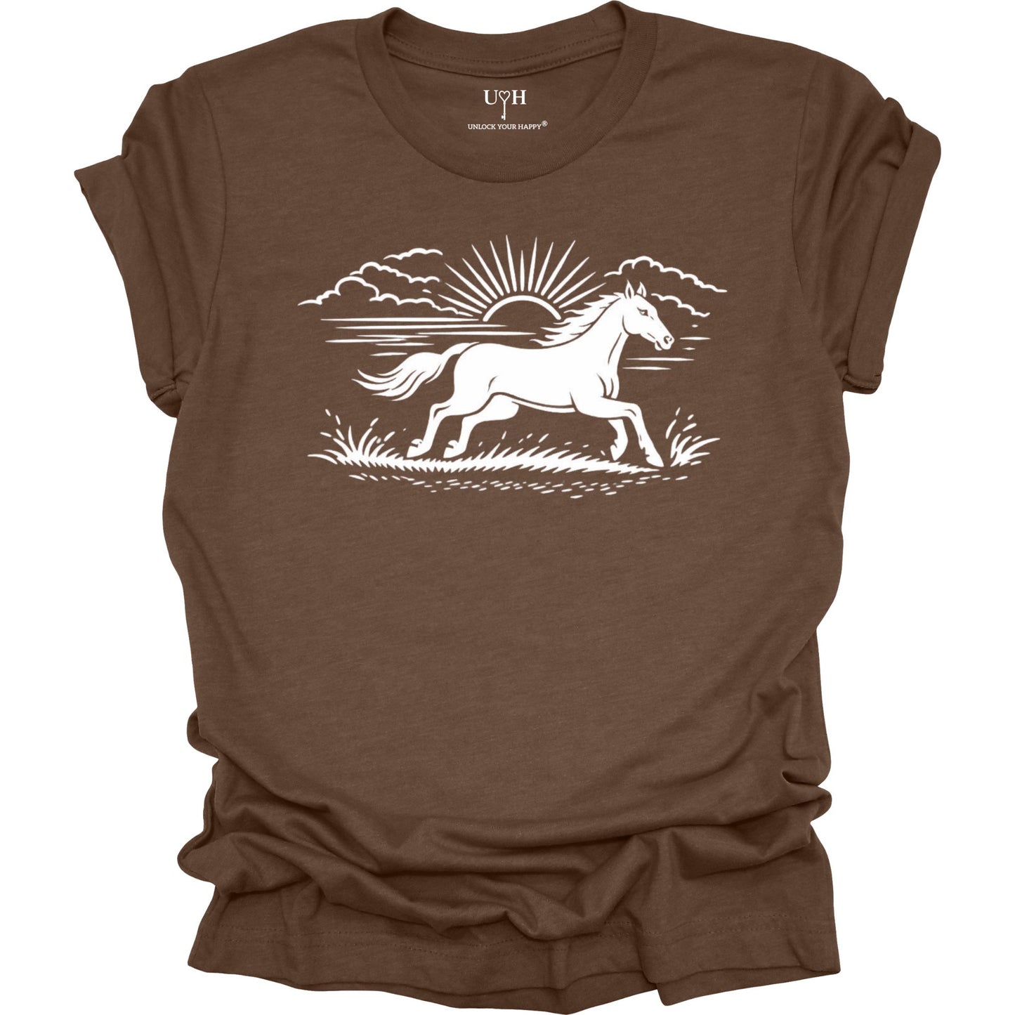 Running horse graphic t-shirt with sunrise nature design, minimalist outdoor inspired unisex brown tee